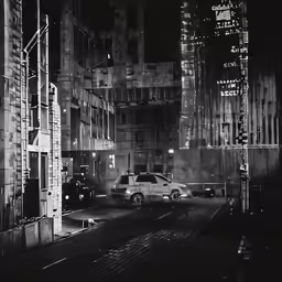 a car is driving down the road at night time
