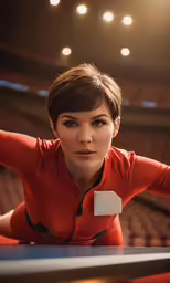 a woman leaning on top of a table