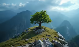 a lone tree stands atop a mountain in the sunlight