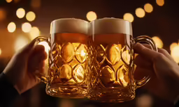two people holding mugs of beer in their hands
