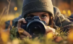 the woman with the hat is taking a photo