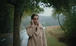 a woman standing on the side of a road holding her hands together
