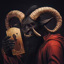 a male demon in a red robe holding a playing card