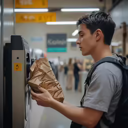 a person putting a bag into a machine in the middle of a building