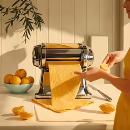 a woman slices oranges near an orange machine