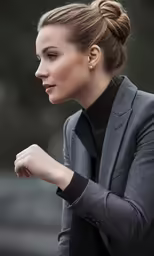 a young woman with a ponytail with her hands crossed and a dress shirt tucked under her shoulders
