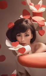 a girl with big heart shaped paper floating over her head