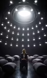 the woman sits in an empty room with spotlights
