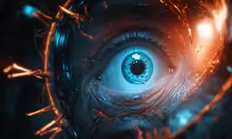 a blue eye with glowing orange streaks in it