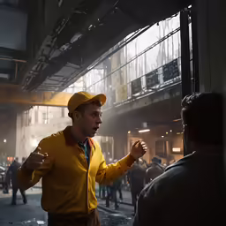 man in yellow coat with hat on street corner talking to another man