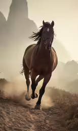 there is a horse running down the path