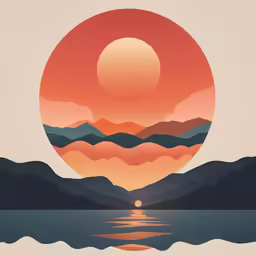 a poster with the sun setting over a mountain lake