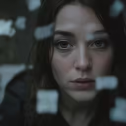a woman looks at the camera from behind glass