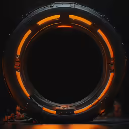the inside of a tunnel with glowing lights in black and orange