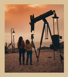 two women standing in the sand with a photo camera