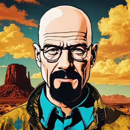 a man in glasses looks directly at the camera as he stands in front of the view of a monument,an illustration of a bald man on a colorful sunset