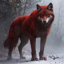 a red wolf standing on top of a snow covered field
