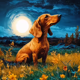 a dog sitting on a grassy field next to the moon