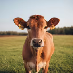 a cow with ear tags in a field