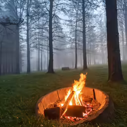 the fire is burning in the foggy forest