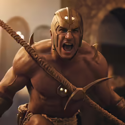 a man dressed like a god has his hands tied up