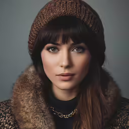 the woman in a sweater is wearing a furry hat