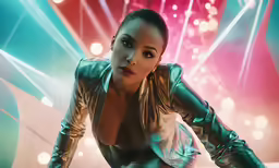 a model in a bright space suit and futuristic lights
