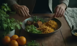 a woman making food in a bowl on top of a wooden table