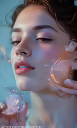 a woman with bubbles coming from her cheeks