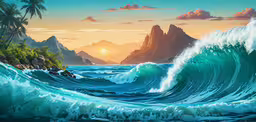 painting of ocean waves and a mountain,an oil painting of waves at sunrise or sunset