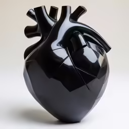 a black heart sculpture with the shape of a human body in the middle of it