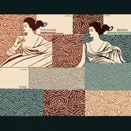 four stylized panels of women with hairs pulled into ponytails