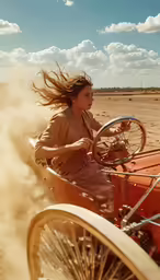 the woman is driving the old antique red car in the desert