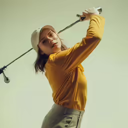 a beautiful young woman holding up a golf club