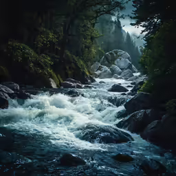 a river with many rocks flowing under trees