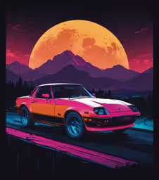 a car on a road at night with the moon in the sky,a painting of a car parked on a street