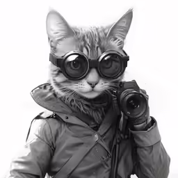 a cat with glasses on and holding up a camera