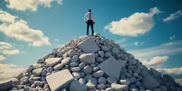 the person stands on a rock pile looking up