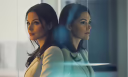 two women with very long dark hair are looking in opposite directions
