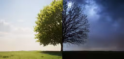 a tree standing in the grass and another on the other side,the trees on both sides are changing color