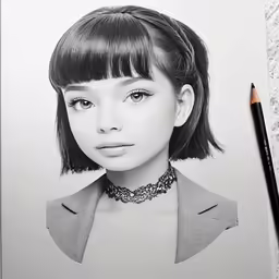a drawing of a young woman in front of her own image