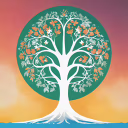 a painting of a white tree with leaves,a picture of a tree of life in front of an orange and blue sunset