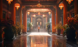 a man standing in a lobby with flower pots next to the entrance