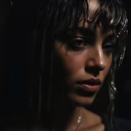 a woman is standing with water on her face