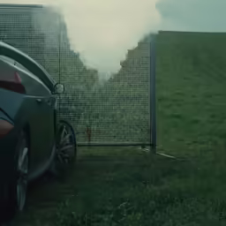 a couple of cars parked next to each other near a grassy area