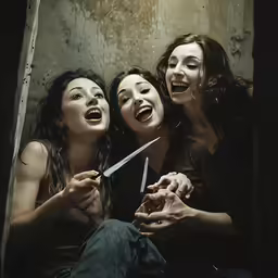 three women are smiling and holding up a knife