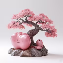 a small pink tree with two hearts under the tree