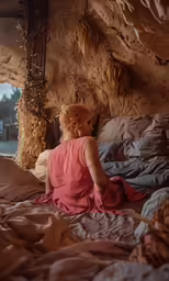 a woman sitting on top of a bed near an archway