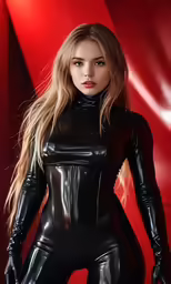 a model in black vinyl catsuits is posing