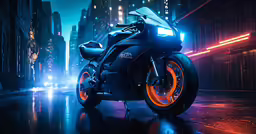 the motorcycle is parked on the dark city street